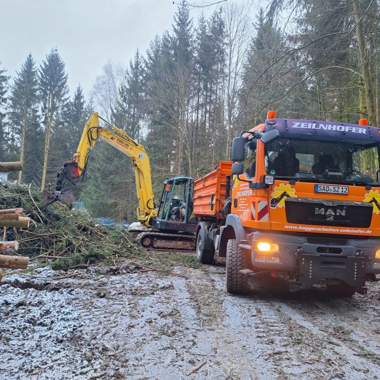 Ein Laster und Bagger im Winter im Wald bei Holzfällarbeiten